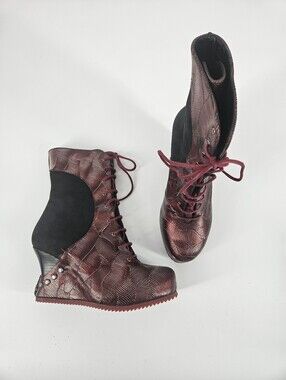 John Fluevog Red Conquer Safia Lace-up Wedge Booties